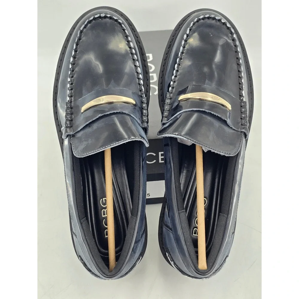 BCBG Laney Loafers Womens Size 9.5 Black Lug Sole Gold Hardware - New